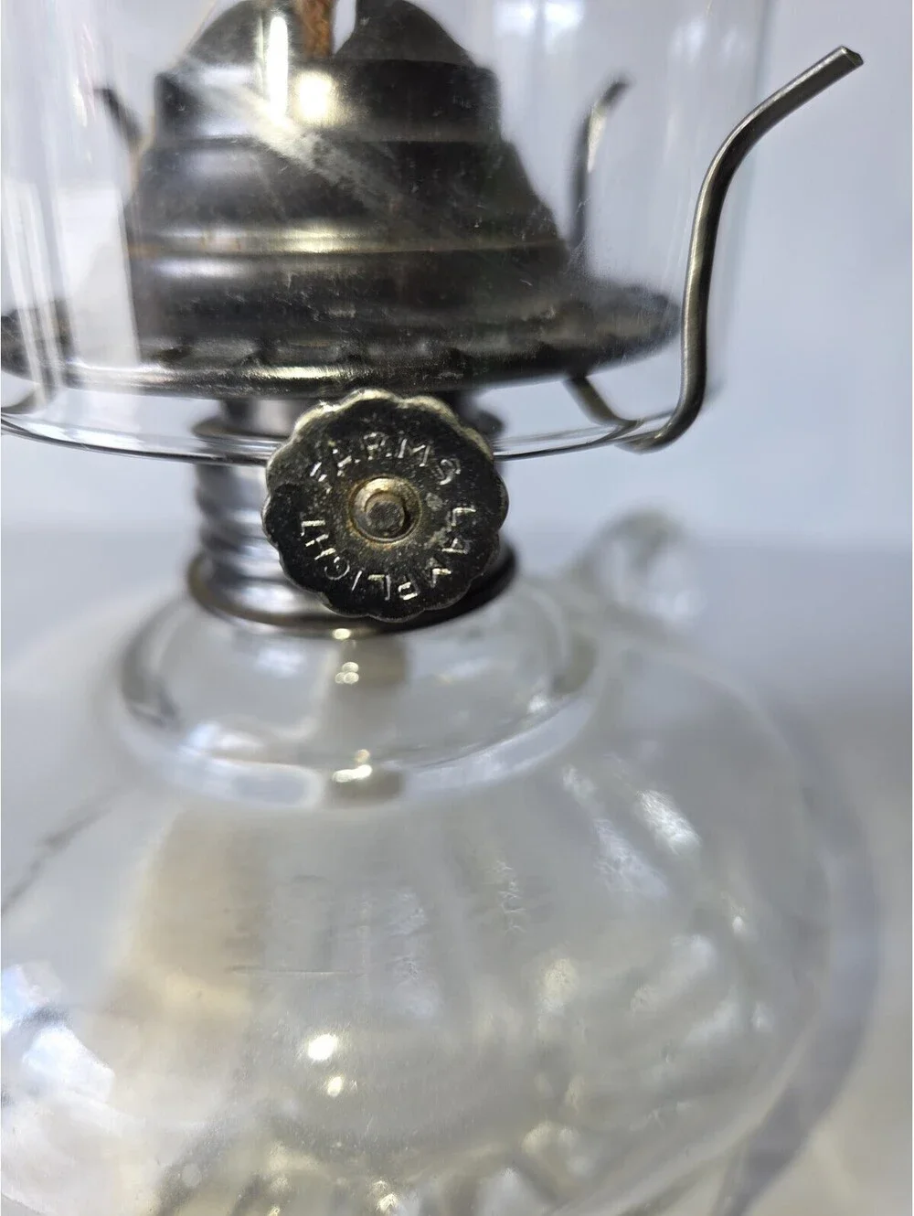 Vintage Lamplight Farms Clear Glass Oil Lamp W/Finger Loop & Scalloped Bottom